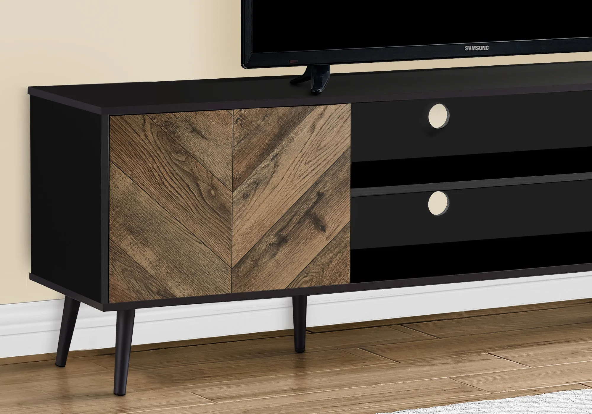 72" TV Stand Console, Brown/Black Laminate, Modern Design, Storage Cabinet