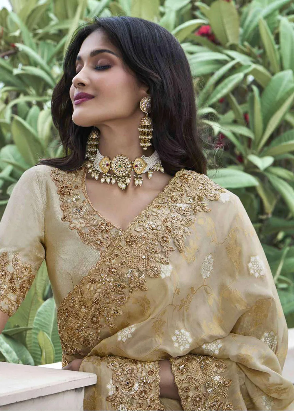 Beige Viscose Silk Embroidered Designer Wedding Saree