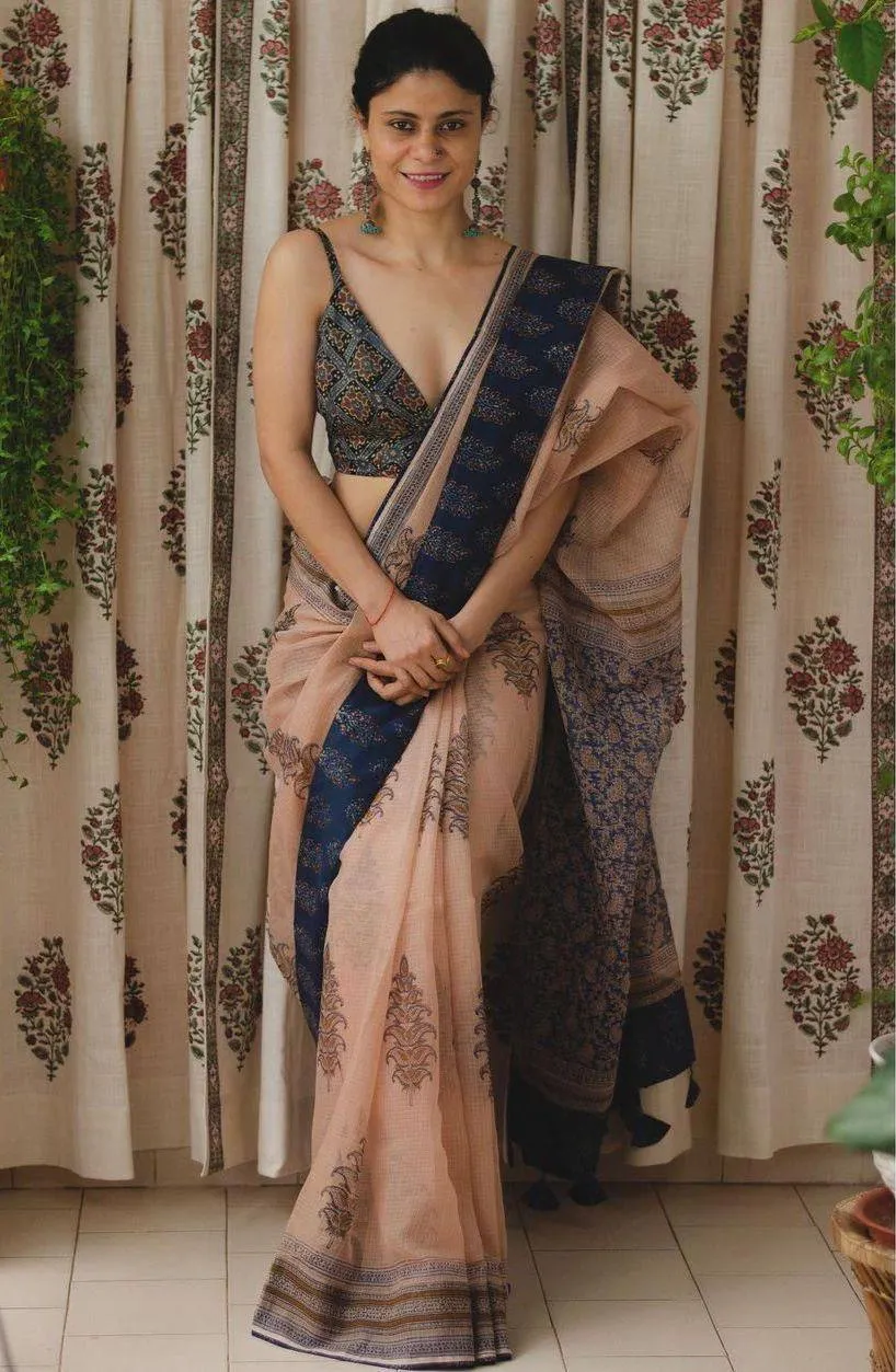 Charming Pure Cotton Block Printed Saree with Blouse Piece
