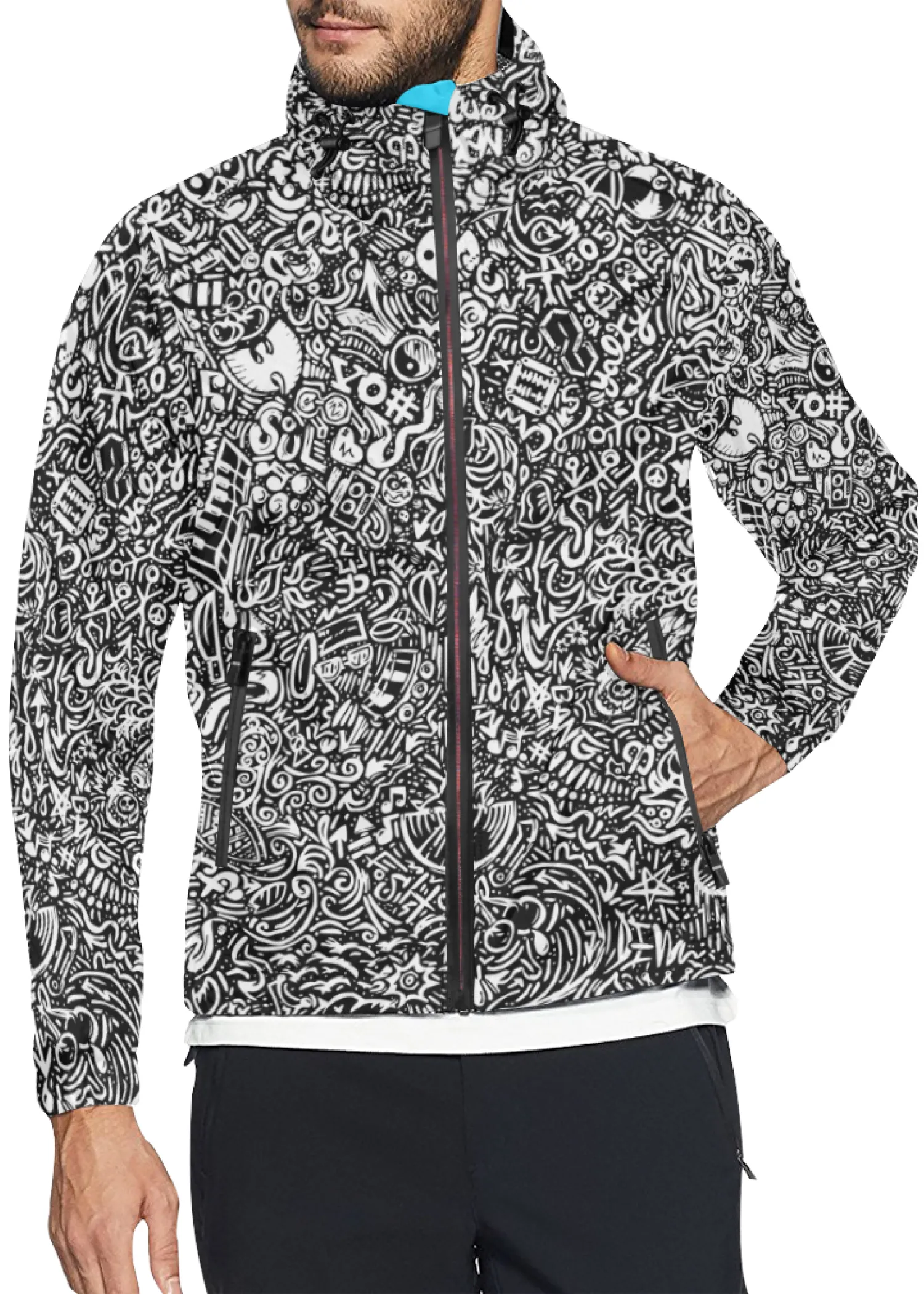 Devious Doodle Print Windbreaker Zipper Hoodie