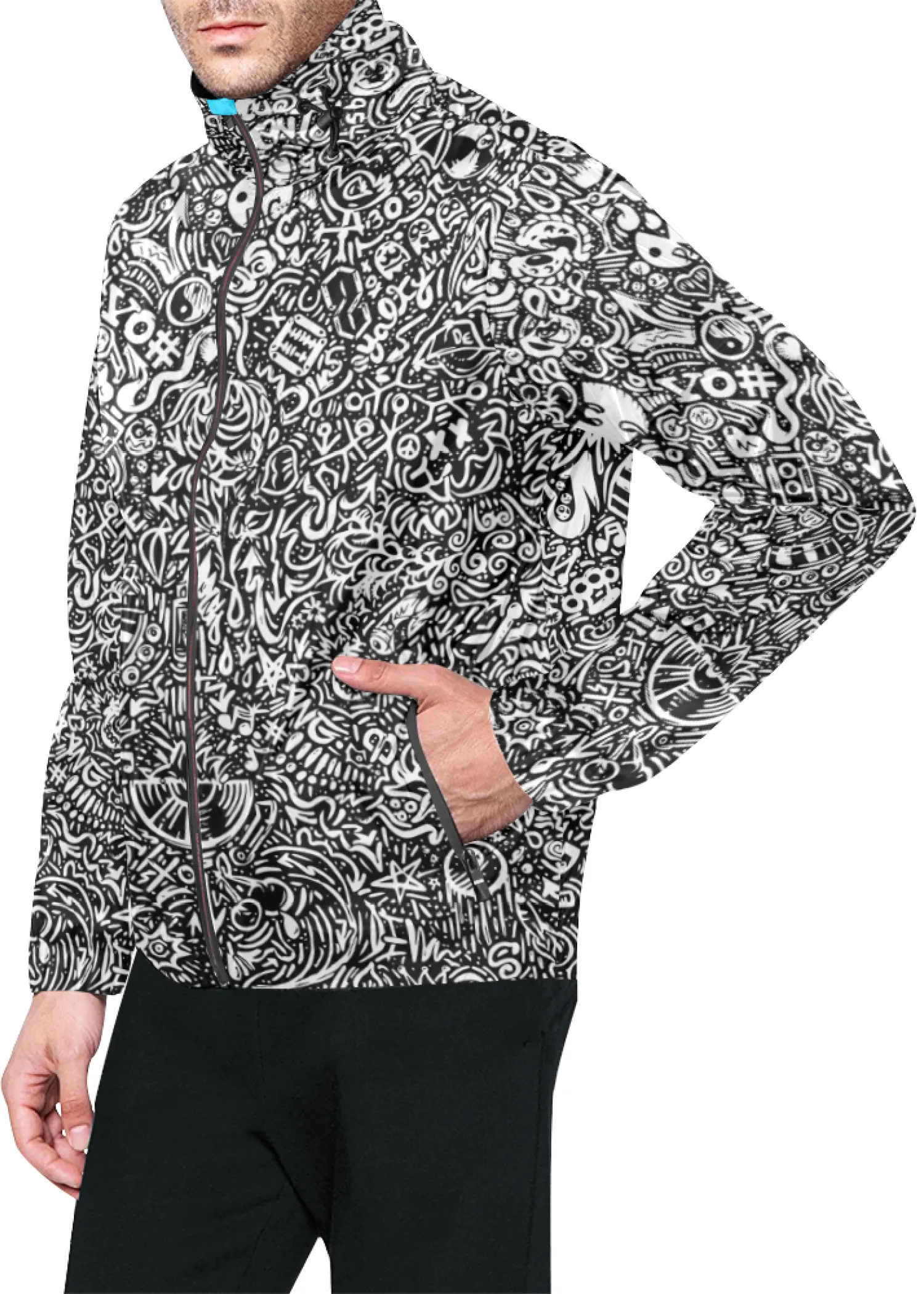 Devious Doodle Print Windbreaker Zipper Hoodie
