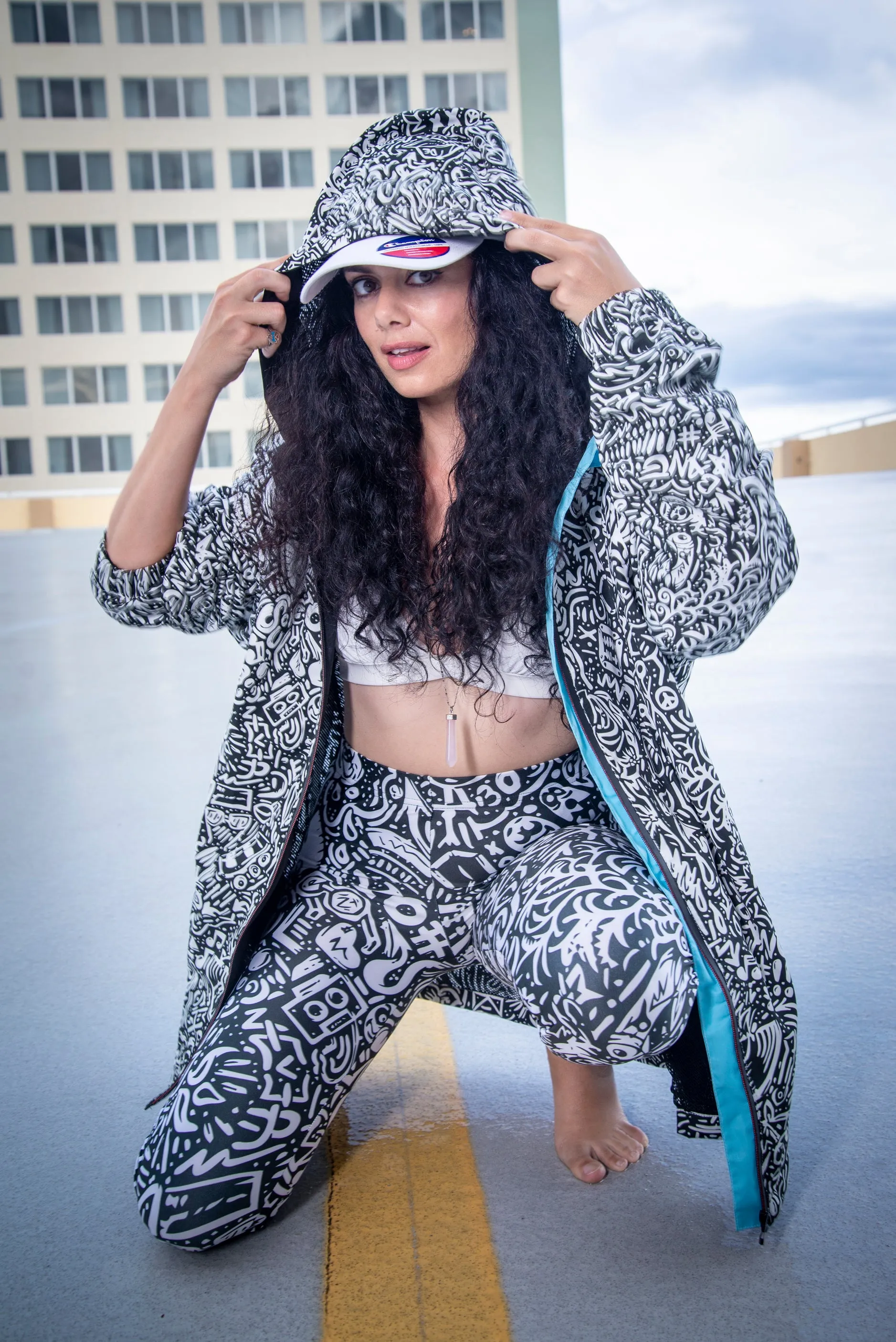 Devious Doodle Print Windbreaker Zipper Hoodie