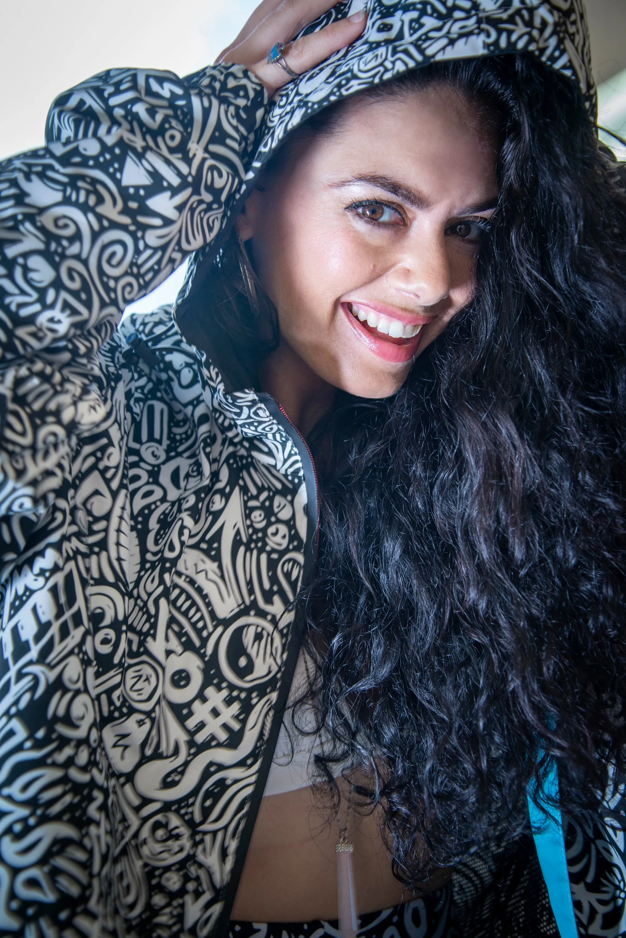 Devious Doodle Print Windbreaker Zipper Hoodie