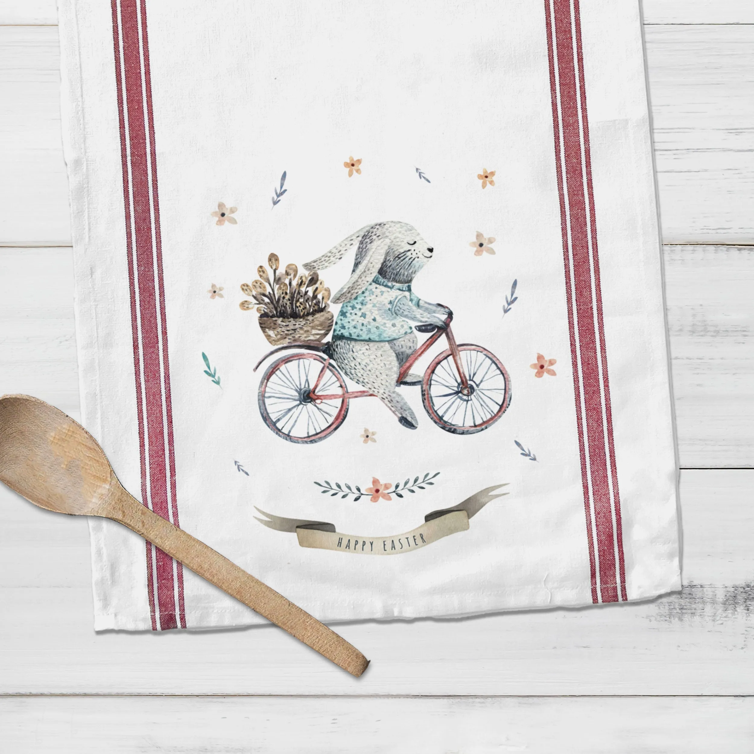Easter cotton tea towel | happy easter kitchen dish towel | watercolor easter bunny striped decorative spring tea towel