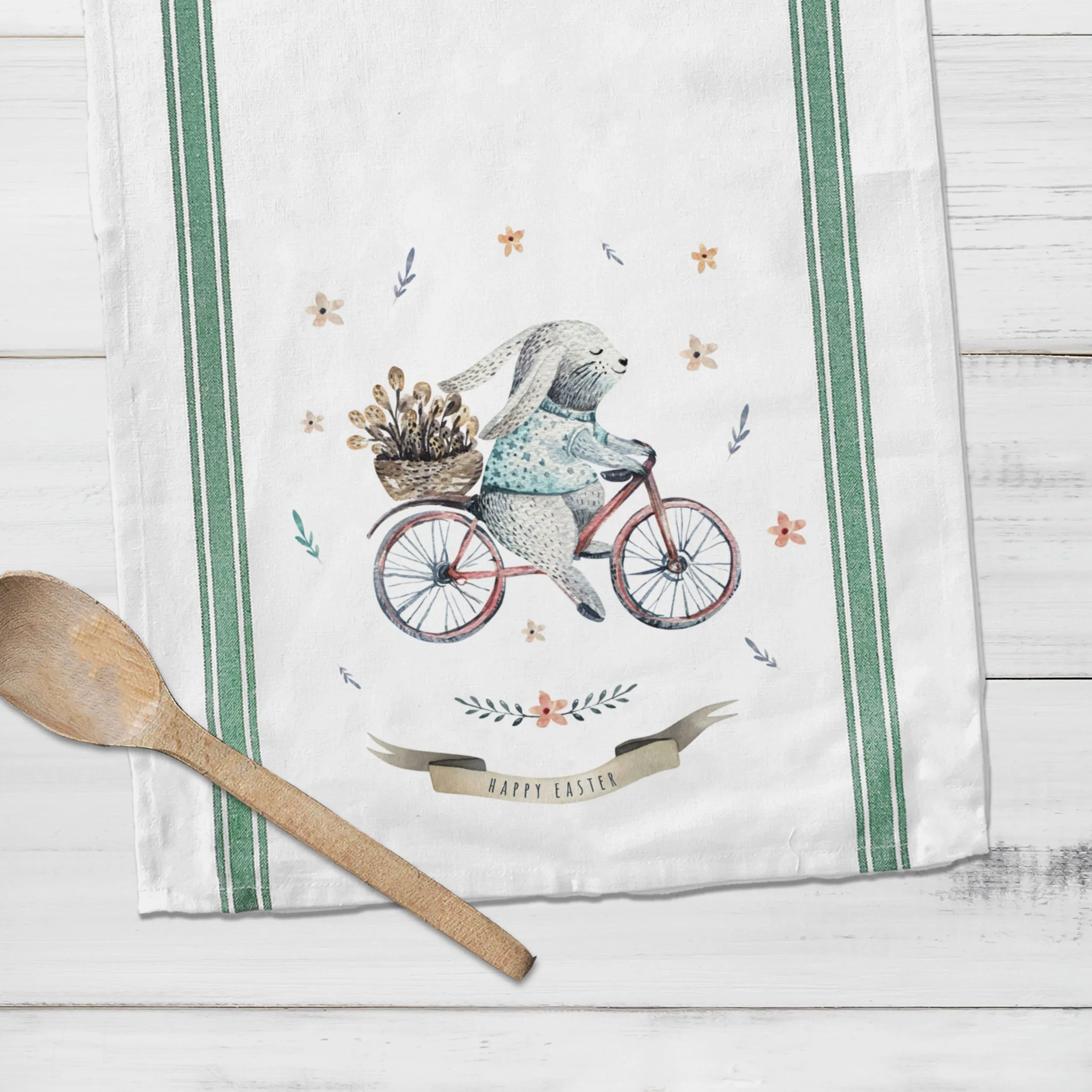 Easter cotton tea towel | happy easter kitchen dish towel | watercolor easter bunny striped decorative spring tea towel