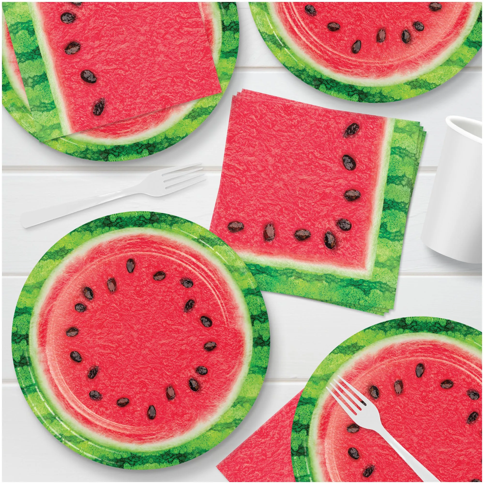 Farm Fresh Watermelon Party Supplies - Melon Paper Dinner Plates with Green Rind Trim, Lunch Napkins, and Forks (16 Plates, Napkins, & Forks)