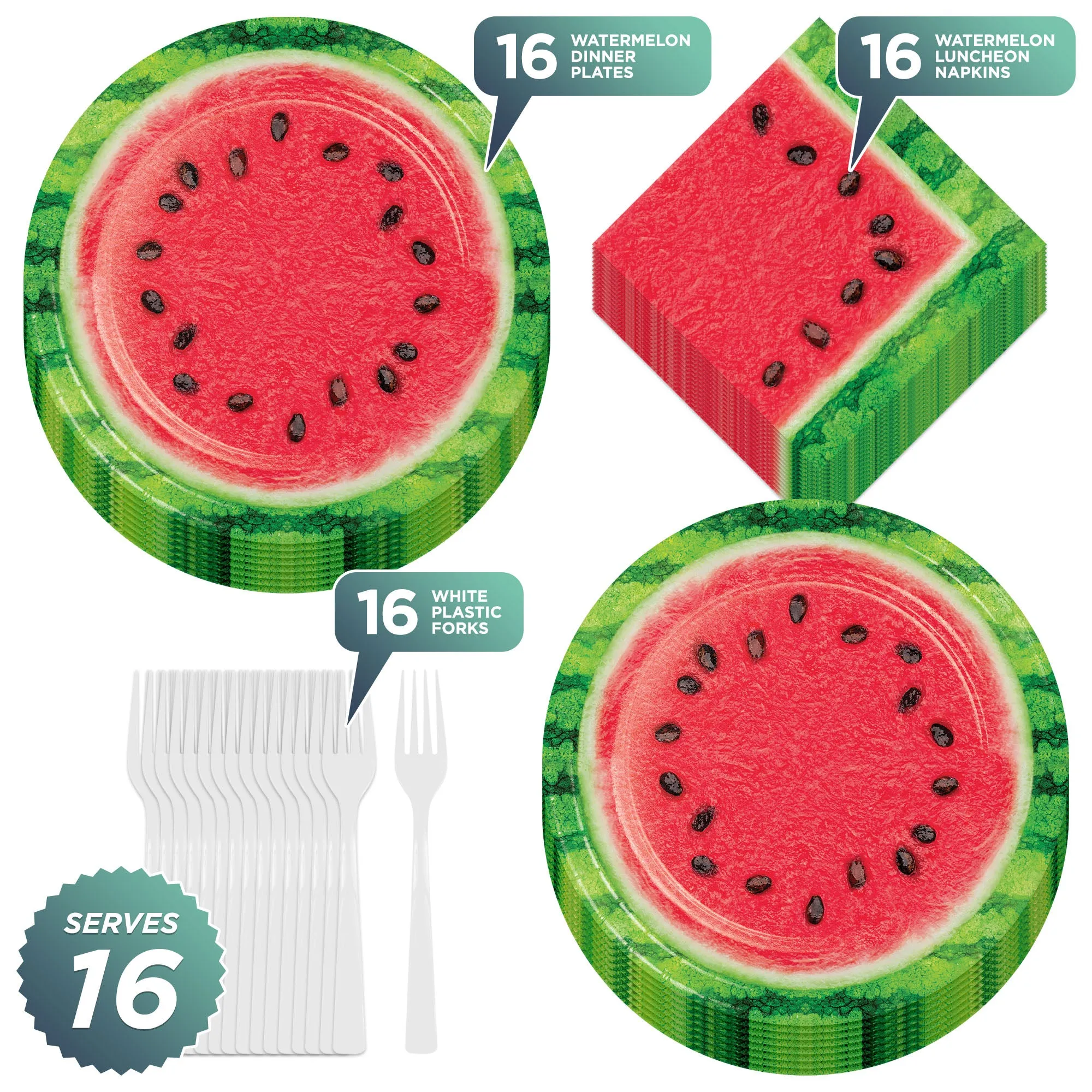 Farm Fresh Watermelon Party Supplies - Melon Paper Dinner Plates with Green Rind Trim, Lunch Napkins, and Forks (16 Plates, Napkins, & Forks)