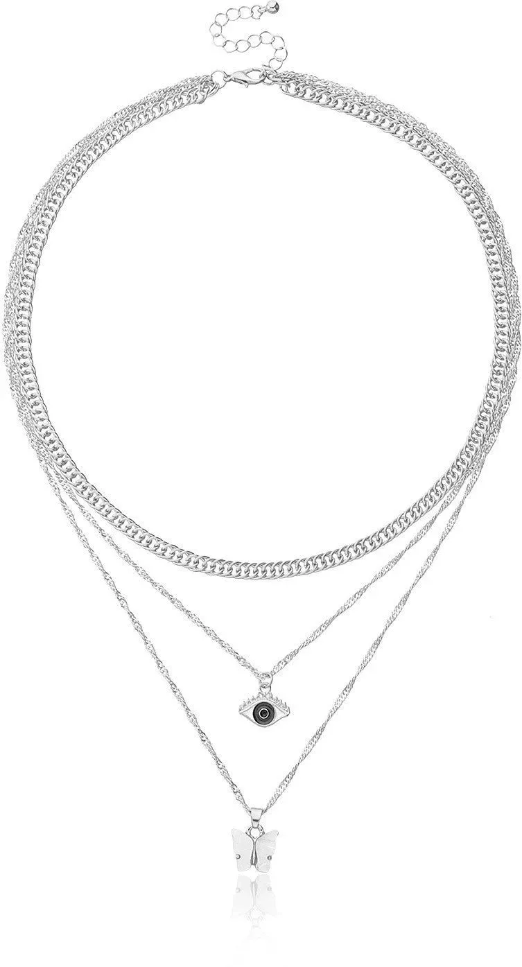 Fashion Turkish Evil Eyes And Drope Butterfly Decor Multilayer Silver Necklace Alloy Necklace