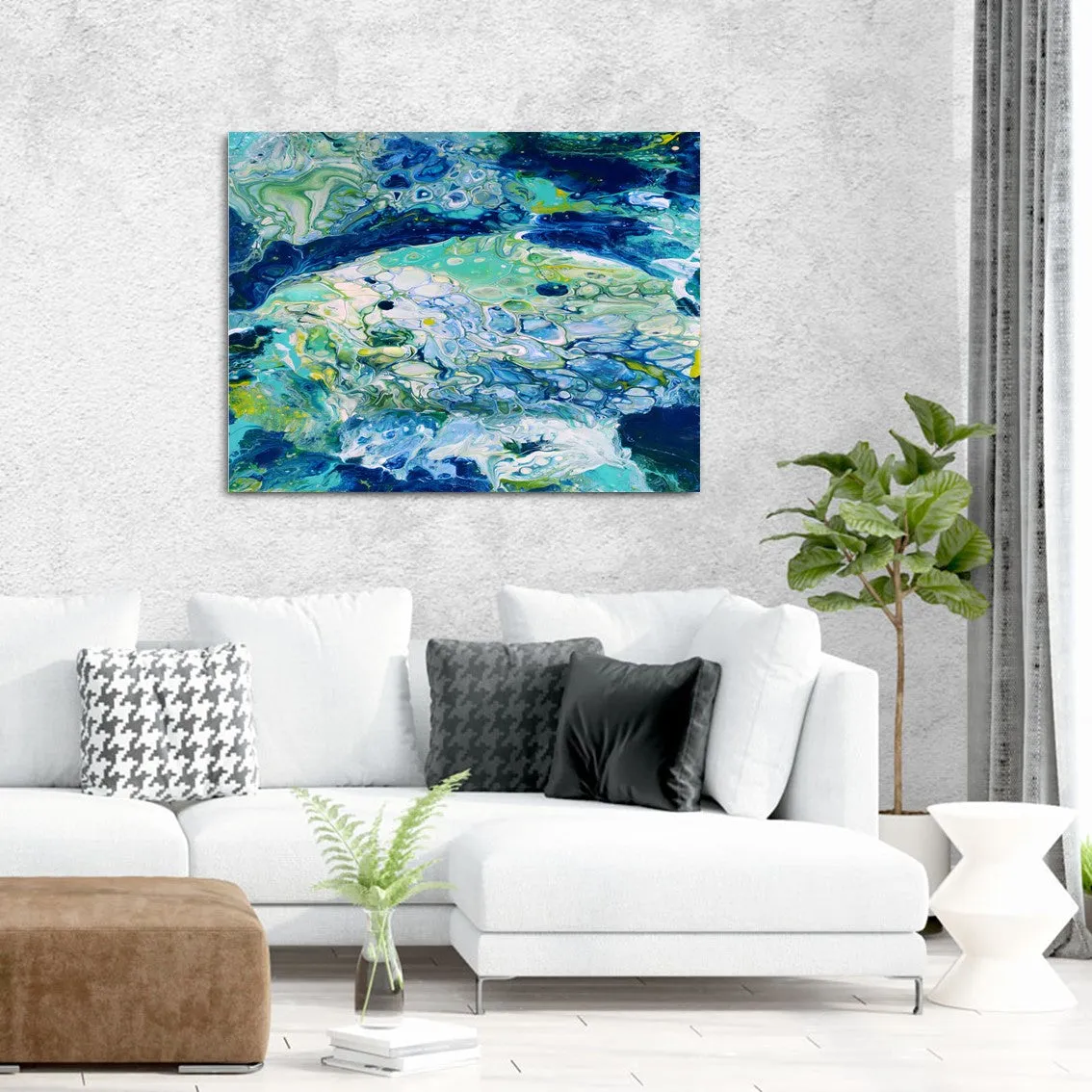 Framed horizontal blue & teal abstract wall art print