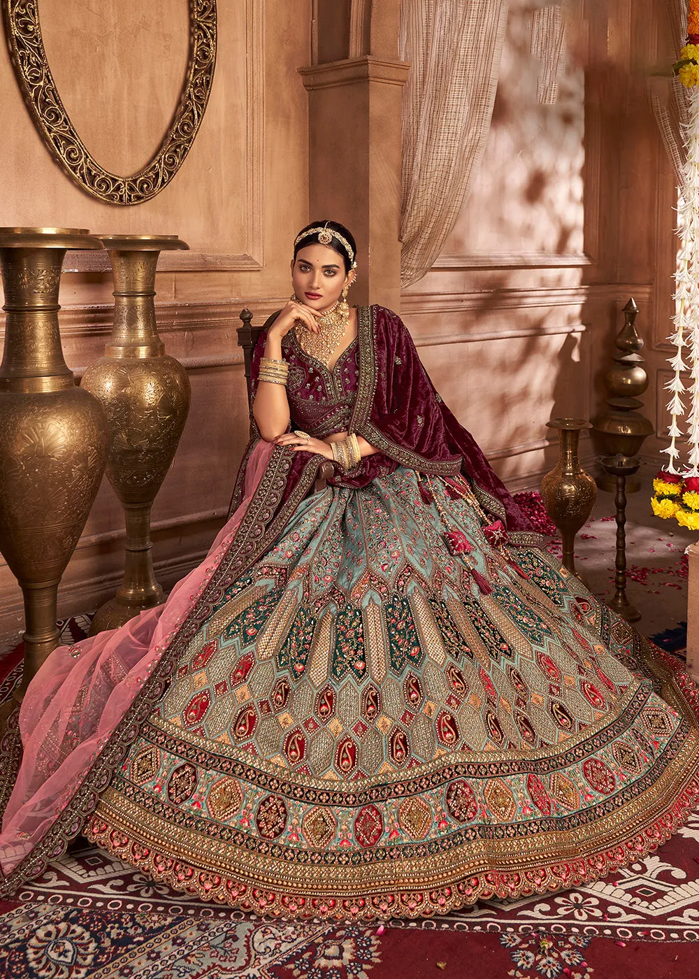 Heavy Embroidery Sky Blue Velvet Bridal Lehenga Choli