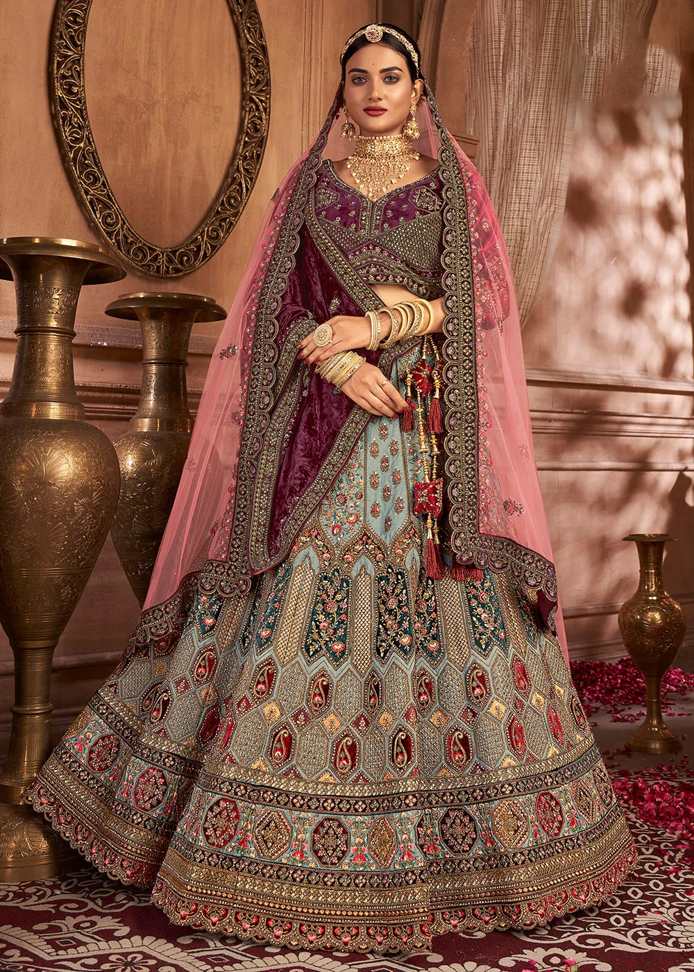 Heavy Embroidery Sky Blue Velvet Bridal Lehenga Choli