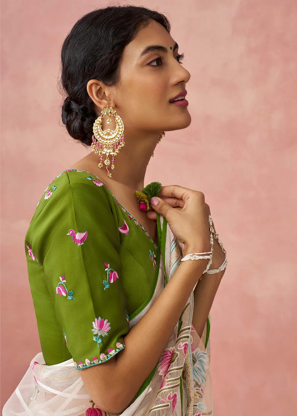 Ivory Soft Brasso Organza Printed Festive Classic Saree