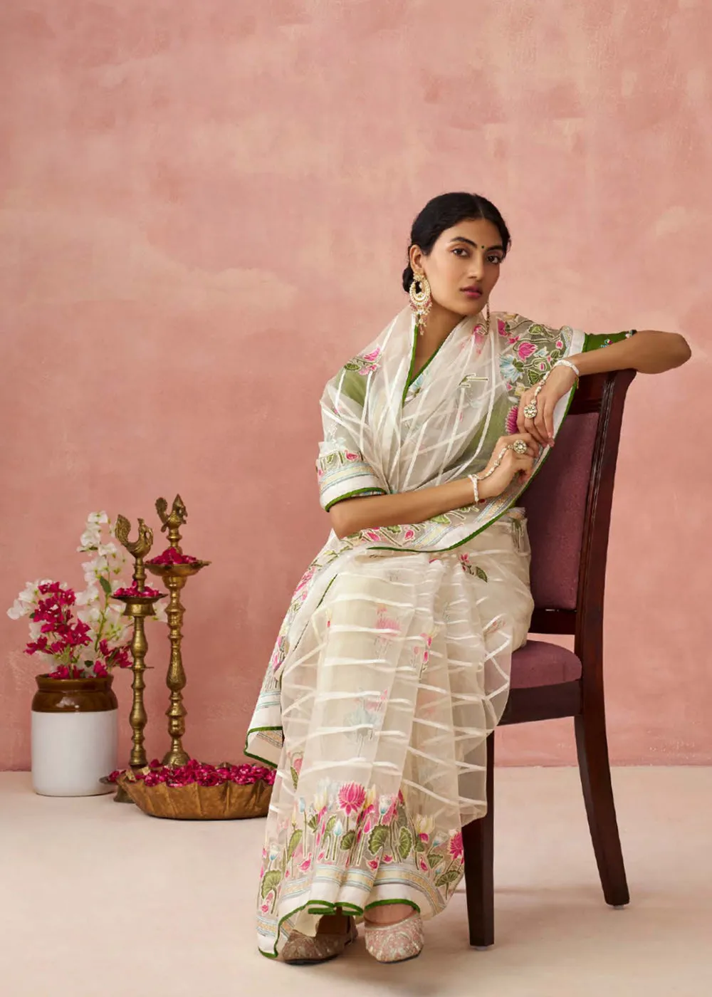 Ivory Soft Brasso Organza Printed Festive Classic Saree