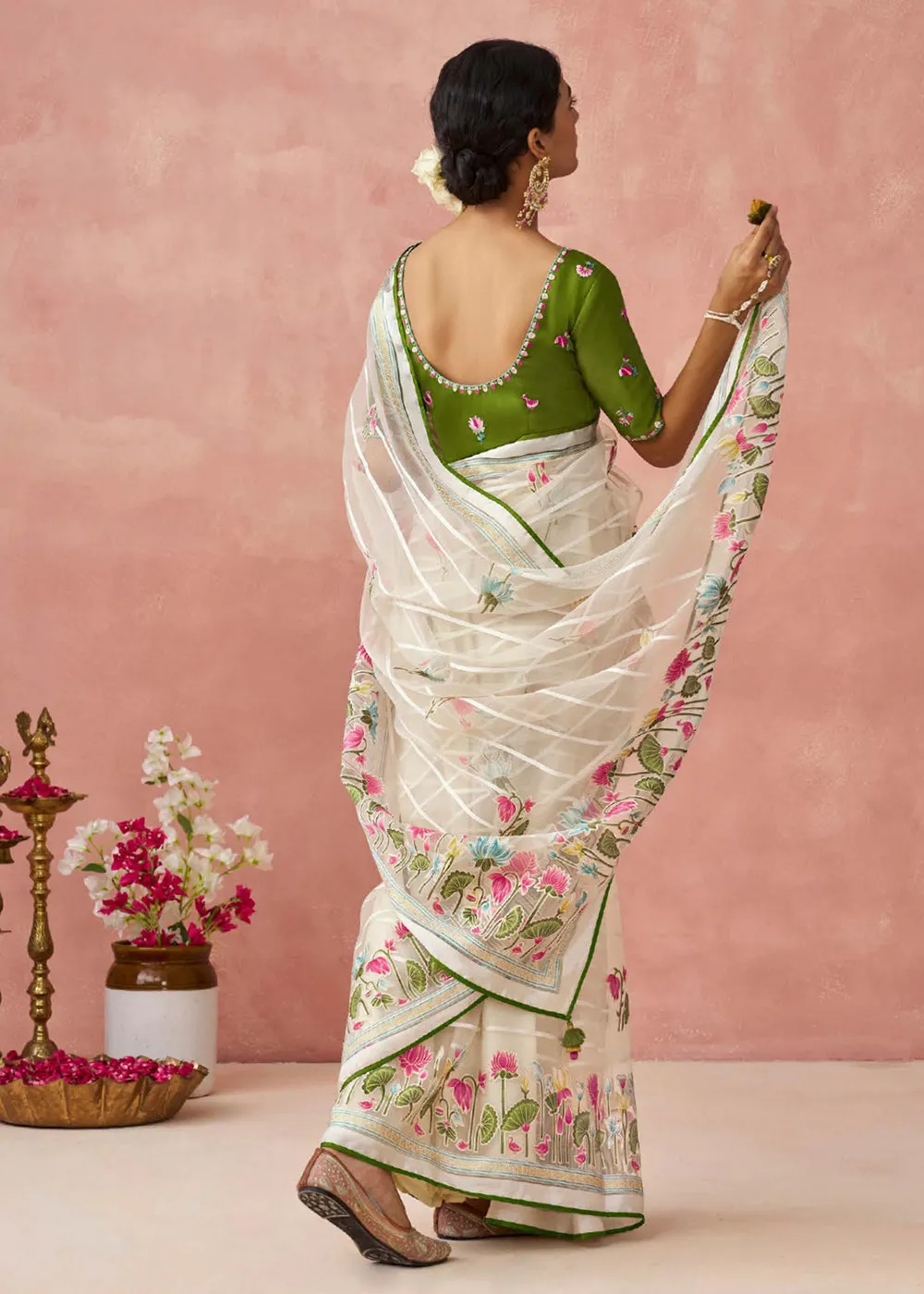 Ivory Soft Brasso Organza Printed Festive Classic Saree