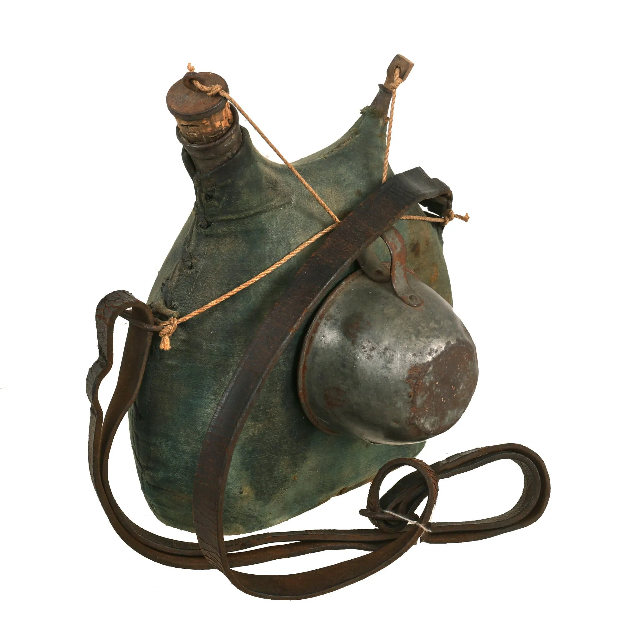 Original French WWI Model 1877 Canteen with Cover in Horizon Blue with Shoulder Strap and Tin Cup - Untouched