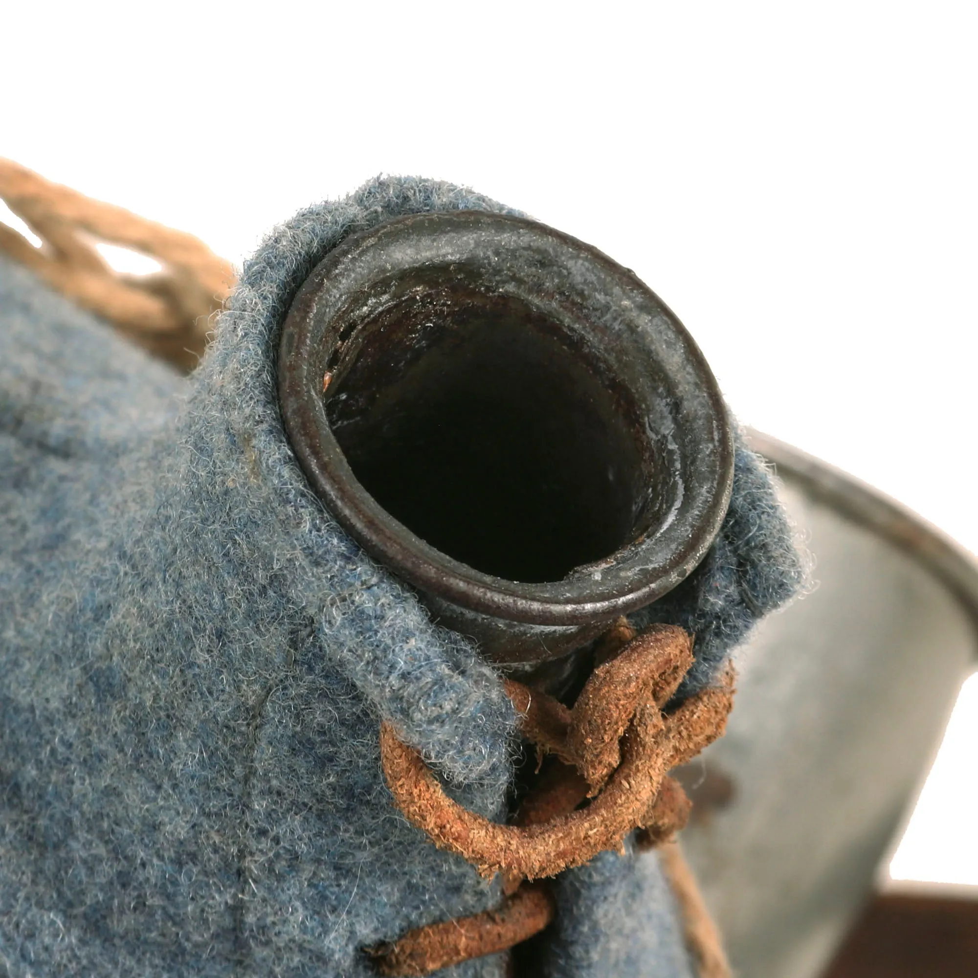 Original French WWI Model 1877 Canteen With Cover in Horizon Blue with Shoulder Strap and Tinned Cup - Bidon