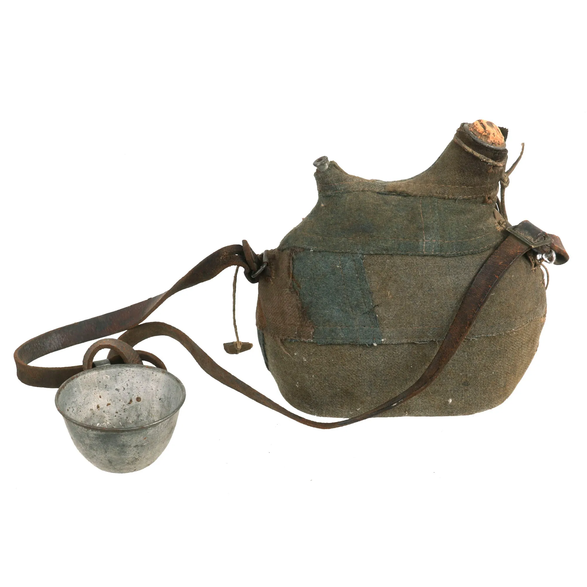 Original French WWI Model 1877 Canteen With Factory Made Cover in Horizon Blue with “Leftover” Material and Shoulder Strap With Tinned Cup - Bidon