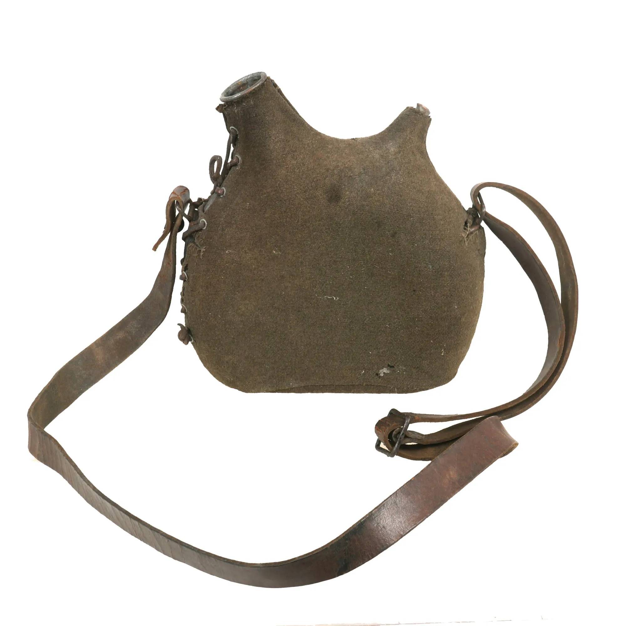 Original French WWI Model 1877 Canteen with Green Cover & Shoulder Strap