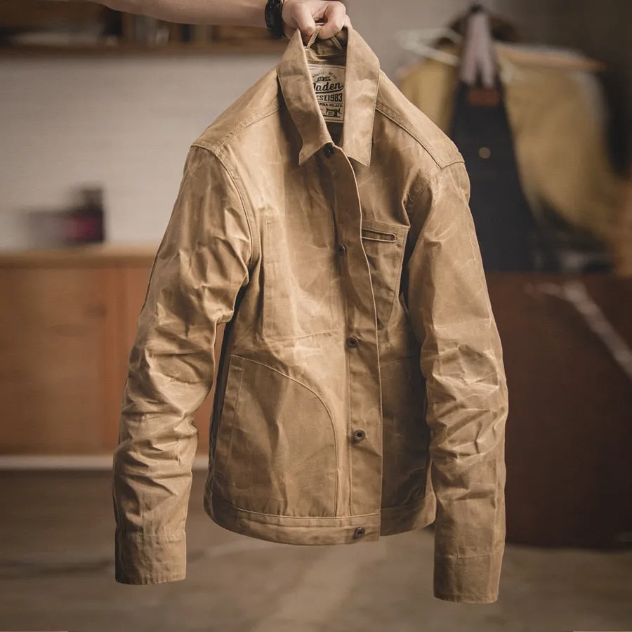 RED BARN RIKER Vintage Waxed Canvas Waterproof Jacket, Camper Hunter Workwear Outerwear, Slim Fit Trucker Jacket, Windbreaker Jacket