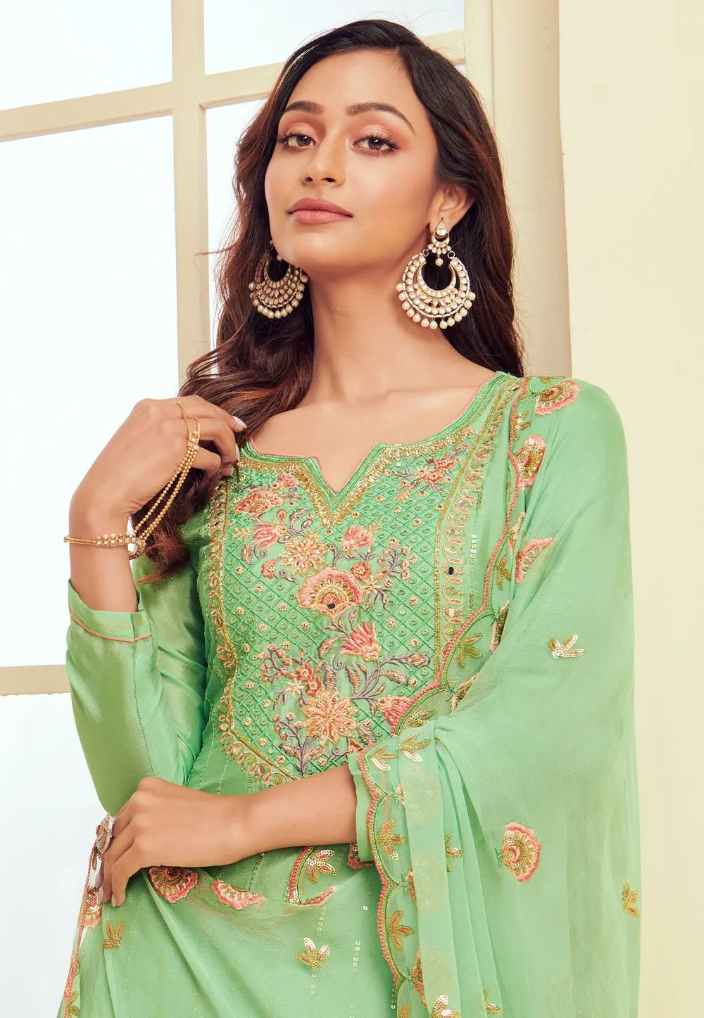 Seafoam Green Pakistani Style Embroidered Suit