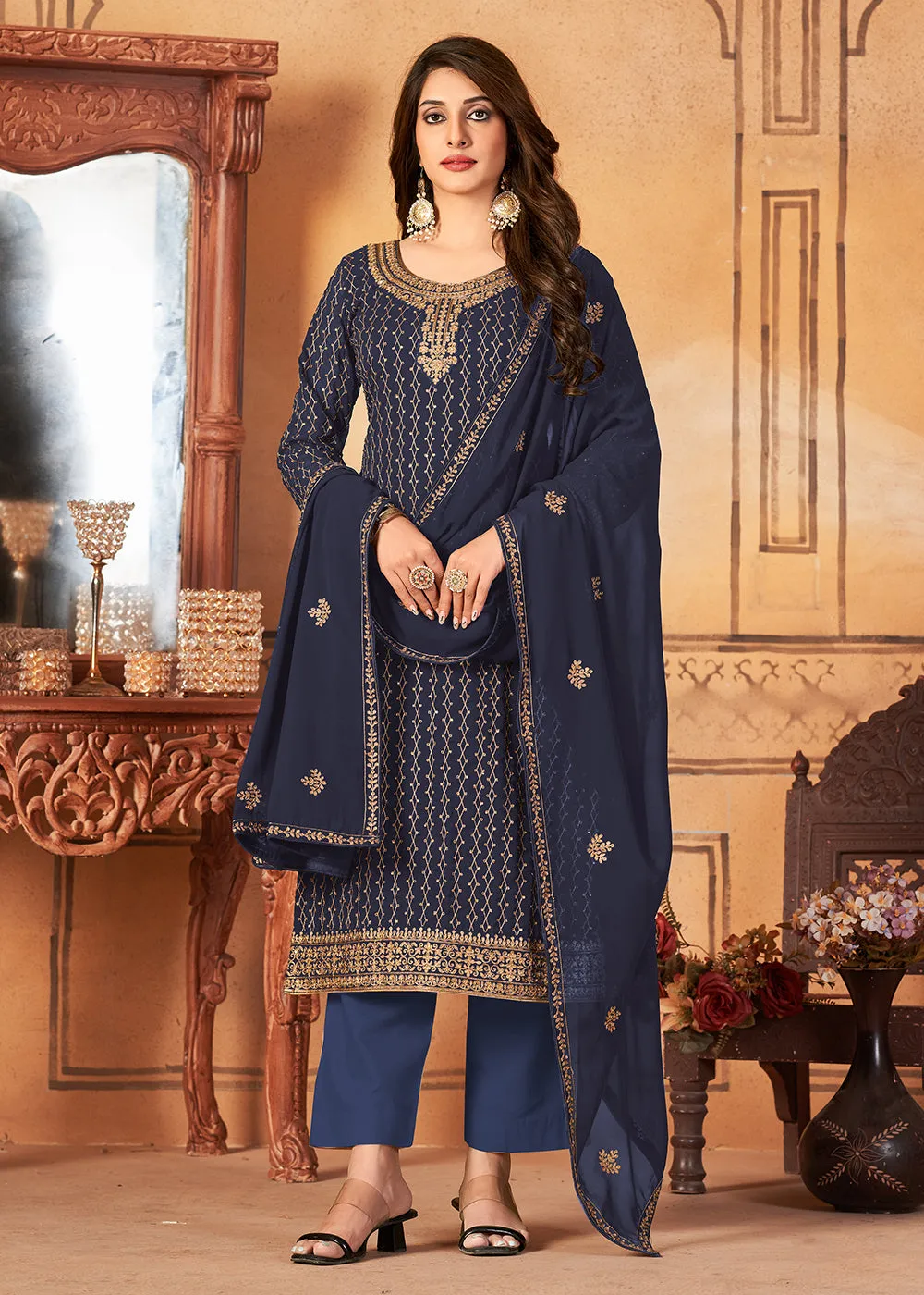 Traditional Tempting Navy Blue Embroidered Festival Salwar Suit