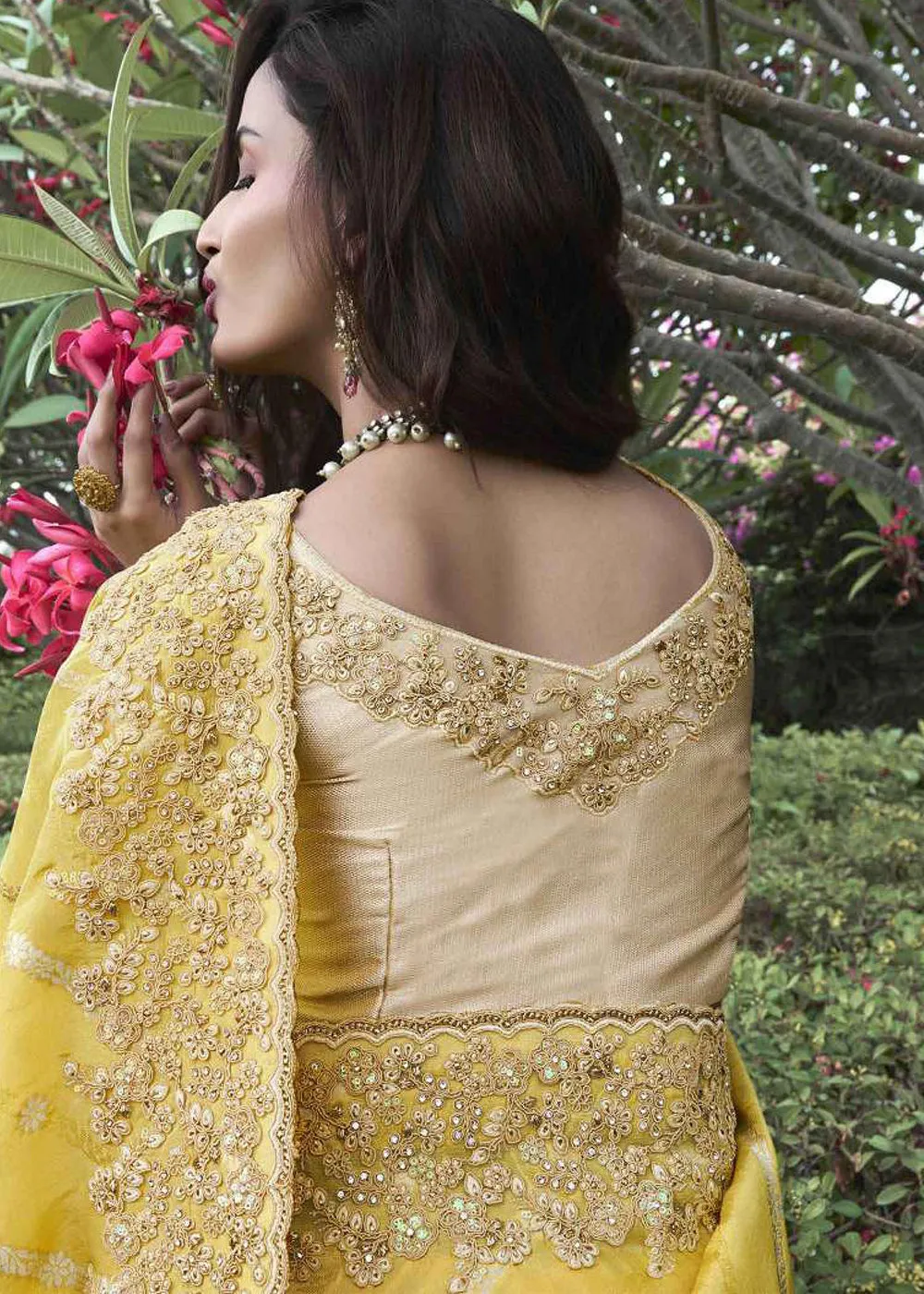 Yellow Viscose Silk Embroidered Designer Wedding Saree