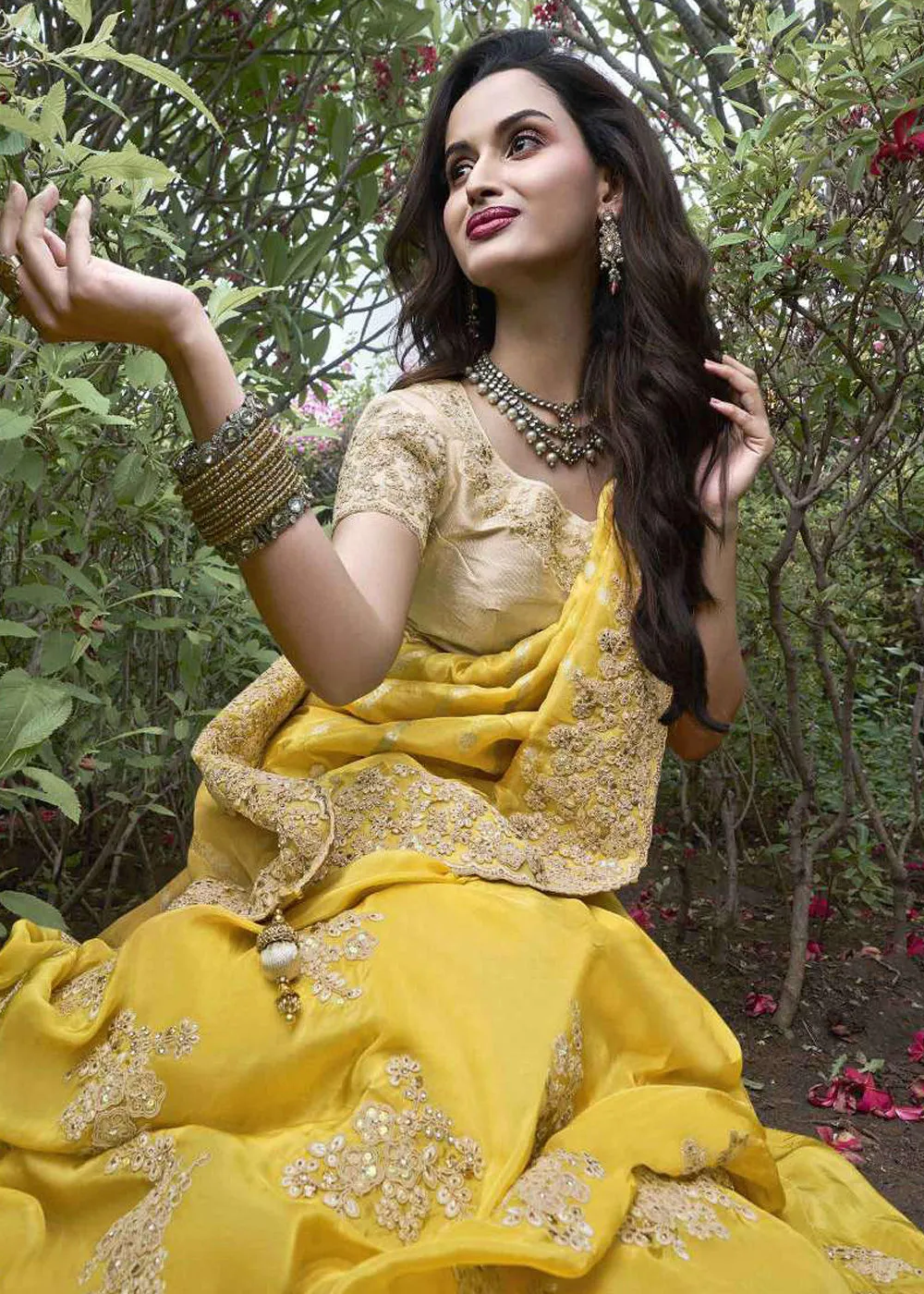 Yellow Viscose Silk Embroidered Designer Wedding Saree